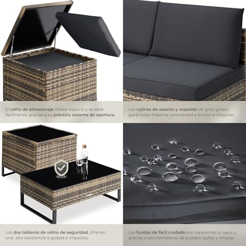 tectake® Conjunto Jardín de Ratán con Cojines Gruesos, Muebles Jardín Exterior 2 Sofás, 1 Mesa Cristal, 1 Caja Almacenamiento, Conjunto Terraza Resistente a la Intemperie, Estructura Acero - natural