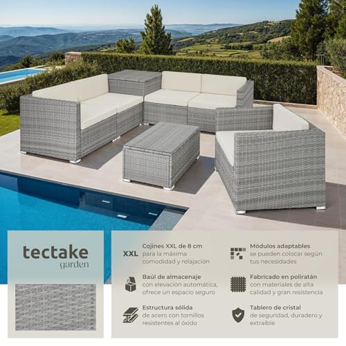 TecTake® Conjunto Jardín de Ratán, Muebles Jardín Exterior 5 Sillones, 1 Mesa Cristal, 1 Caja Almacenamiento, Conjunto Terraza Resistente a la Intemperie, con Cojines, Estructura en Acero - Gris Claro