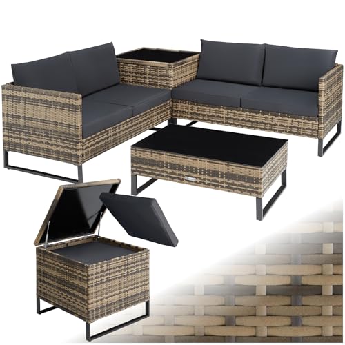 tectake® Conjunto Jardín de Ratán con Cojines Gruesos, Muebles Jardín Exterior 2 Sofás, 1 Mesa Cristal, 1 Caja Almacenamiento, Conjunto Terraza Resistente a la Intemperie, Estructura Acero - natural