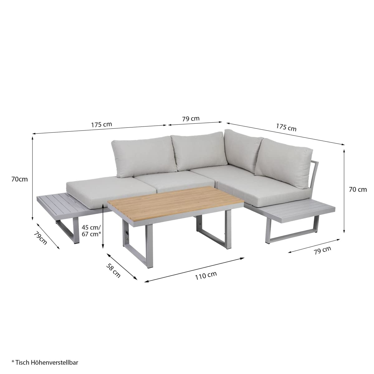 Greemotion Conjunto Muebles de Jardín Aruba 3 Piezas, Juego de Sofá Esquinero de Aluminio para 4 Personas con Mesa, Cojines Incluidos, Gris