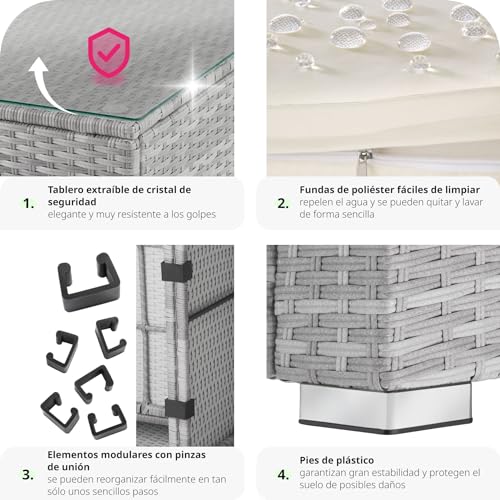 TecTake® Conjunto Jardín de Ratán, Muebles Jardín Exterior 4 Sillones, 1 Mesa Cristal, 1 Sillón Puf, Conjunto Terraza Resistente a la Intemperie, con Cojines, Modular, Estructura en Acero - Gris Claro