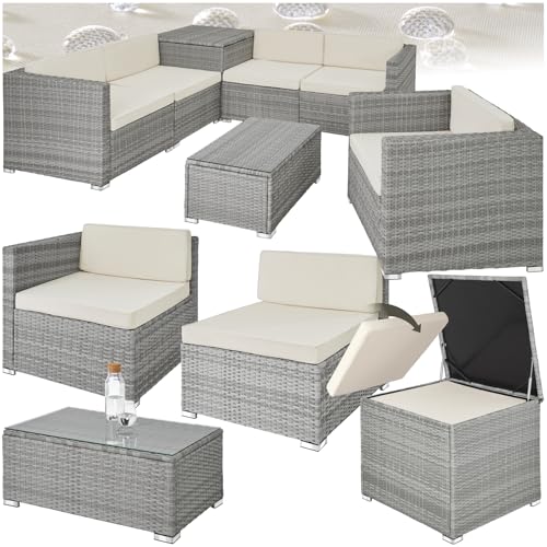 TecTake® Conjunto Jardín de Ratán, Muebles Jardín Exterior 5 Sillones, 1 Mesa Cristal, 1 Caja Almacenamiento, Conjunto Terraza Resistente a la Intemperie, con Cojines, Estructura en Acero - Gris Claro