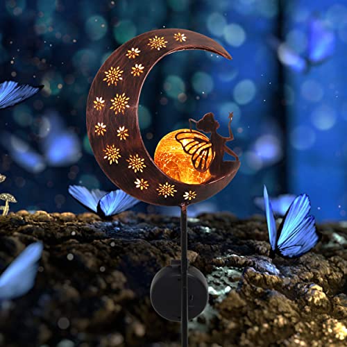 TERESA'S COLLECTIONS Luces Solares Adornos de Jardín, LED Decoracion de Jardin de Metal Decorativo Estaca de Jardín de Luna y Hada para Exteriores, Patio Trasero