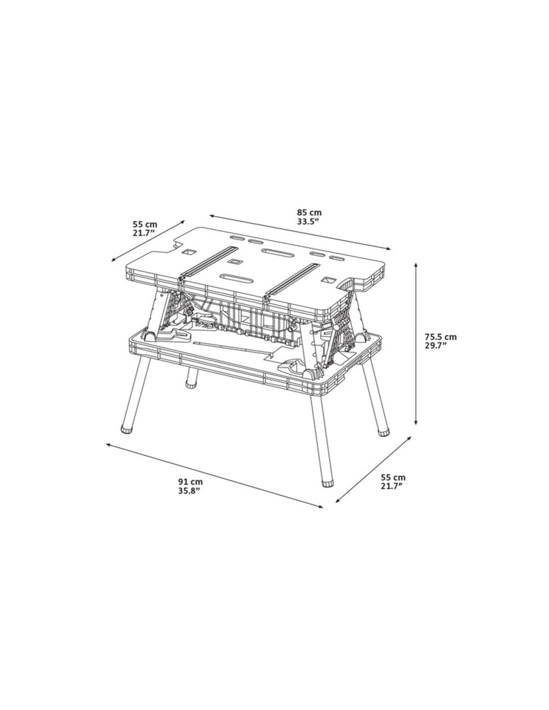 Keter- Mesa de herramientas plegable; 85 x 55,5 x 11,2 cm (cerrado) - 91 x 55,5 x 75,5 cm (abierto); Resistencia 450 Kg; Color negro
