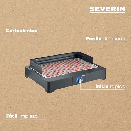Severin Barbacoa de mesa con parrilla de acero inoxidable para interior y exterior, parrilla eléctrica con arranque rápido, mini barbacoa sin riesgo de quemaduras, negro, PG 8565