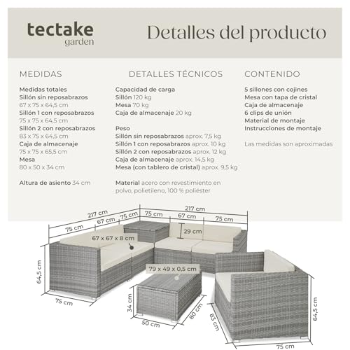 TecTake® Conjunto Jardín de Ratán, Muebles Jardín Exterior 5 Sillones, 1 Mesa Cristal, 1 Caja Almacenamiento, Conjunto Terraza Resistente a la Intemperie, con Cojines, Estructura en Acero - Gris Claro