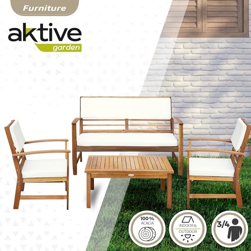 Aktive 61001 - Conjunto muebles de jardín, Conjunto muebles de madera, Muebles jardín, 1 mesa, 2 sillas, 1 banco, cojines color beige, Madera de acacia