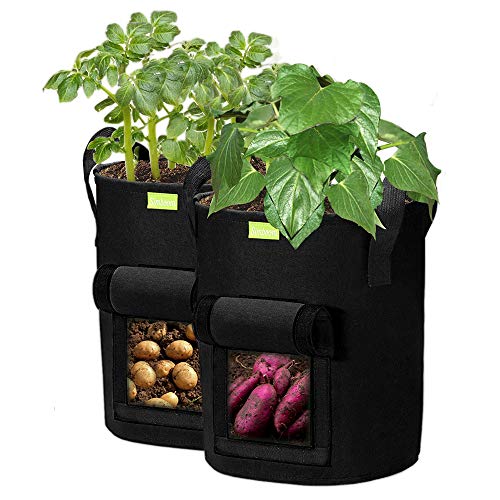 SIMBOOM Bolsas de Cultivo de Papa, 2PCS Bolsas para Plantas de Geotextil Respirable para Zanahoria Cebolla Flores con Mango Resistente y Ventana Visual(Negro) - 10 Galones 40L
