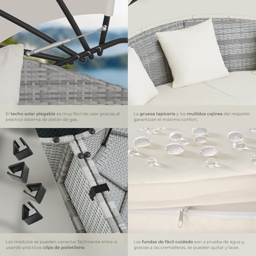 TecTake® Isla de Ratán con Cojines, Conjunto Jardín con Toldo Corredizo Plegable, Muebles Jardín Exterior con Estructura en Acero y Resistente a la Intemperie, Conjunto Terraza Combinable - Gris Claro