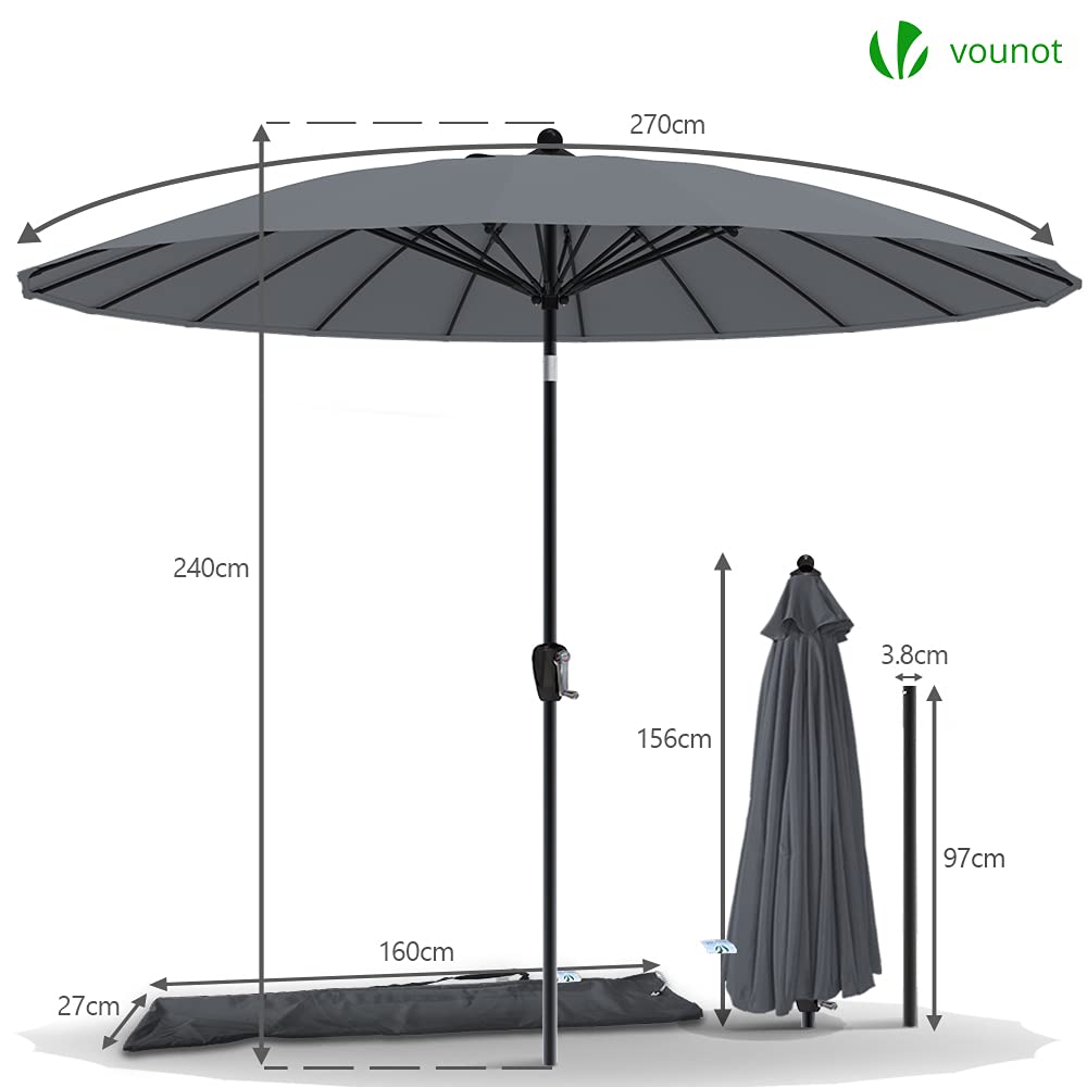 VOUNOT 270 cm Shanghai Sombrilla Jardín, Parasol Terraza Inclinable con Manivela, Protección UV para Patio, Jardín, Piscina, Exterior, Gris