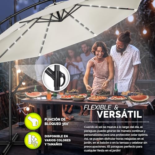 tillvex 300 cm Sombrilla Excentrico con 32 Luces LED Solar | Parasol para Terraza Jardín Balcón Patio | con Manivela y Base en Cruz, Giratorio 360º, Protección UV