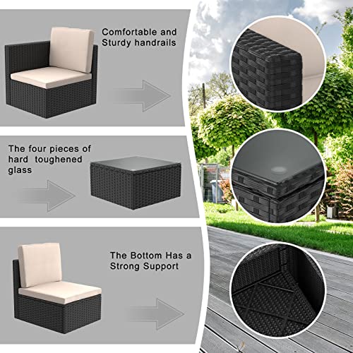 bigzzia - Juego de 5 Muebles de Patio, sofá seccional para Todo Tipo de Clima, Tejido Manual, Mimbre y ratán, Juego de conversación para Patio con cojín y Mesa de Vidrio