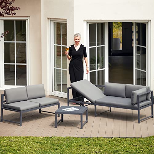 tectake® Conjunto Muebles Jardín Exterior Agrupables, 2 Sofás Reclinables con Cojines y 1 Mesa, Mesa y Sillas Terraza Impermeables y Resistentes a Intemperie, Estructura de Aluminio - Mesa con Láminas