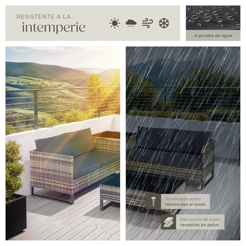tectake® Conjunto Jardín de Ratán con Cojines Gruesos, Muebles Jardín Exterior 2 Sofás, 1 Mesa Cristal, 1 Caja Almacenamiento, Conjunto Terraza Resistente a la Intemperie, Estructura Acero - natural