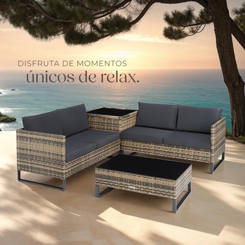 tectake® Conjunto Jardín de Ratán con Cojines Gruesos, Muebles Jardín Exterior 2 Sofás, 1 Mesa Cristal, 1 Caja Almacenamiento, Conjunto Terraza Resistente a la Intemperie, Estructura Acero - natural
