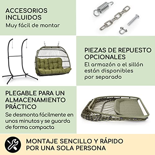Blumfeldt Columpio Jardin Exterior Doble, Silla Colgante con Soporte para Colgar con Base para Jardín Patio y Dormitorio, Hamaca Colgante con 2 Cojines, Balancin Jardin Exterior Mimbre Resistente