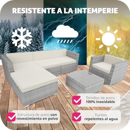 TecTake® Conjunto Jardín de Ratán, Muebles Jardín Exterior 4 Sillones, 1 Mesa Cristal, 1 Sillón Puf, Conjunto Terraza Resistente a la Intemperie, con Cojines, Modular, Estructura en Acero - Gris Claro