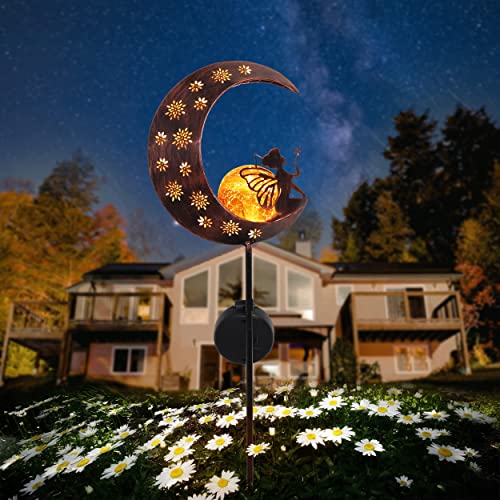 TERESA'S COLLECTIONS Luces Solares Adornos de Jardín, LED Decoracion de Jardin de Metal Decorativo Estaca de Jardín de Luna y Hada para Exteriores, Patio Trasero