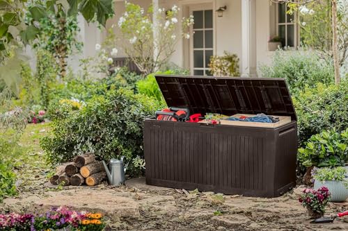 Keter Comfy - Arcón exterior, Baúl almacenaje, Capacidad 270L, Resina, Color marrón, Ordenación jardín y terraza, 44.7 x 116.7 x 57 cm