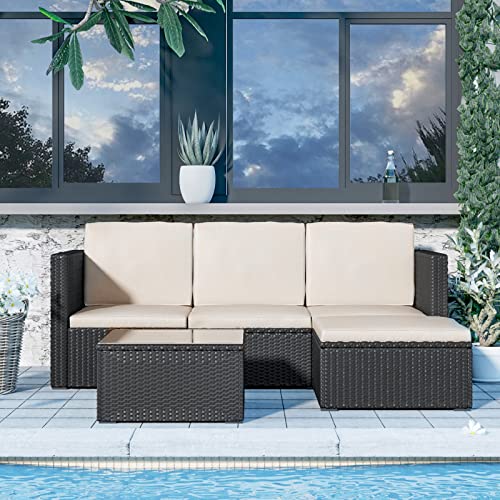 bigzzia - Juego de 5 Muebles de Patio, sofá seccional para Todo Tipo de Clima, Tejido Manual, Mimbre y ratán, Juego de conversación para Patio con cojín y Mesa de Vidrio
