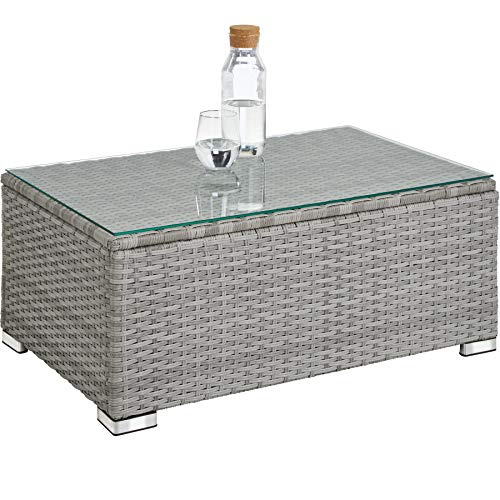 TecTake® Conjunto Jardín de Ratán, Muebles Jardín Exterior 5 Sillones, 1 Mesa Cristal, 1 Caja Almacenamiento, Conjunto Terraza Resistente a la Intemperie, con Cojines, Estructura en Acero - Gris Claro