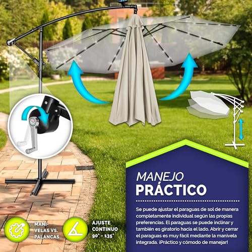 tillvex 300 cm Sombrilla Excentrico con 32 Luces LED Solar | Parasol para Terraza Jardín Balcón Patio | con Manivela y Base en Cruz, Giratorio 360º, Protección UV