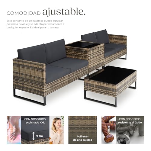 tectake® Conjunto Jardín de Ratán con Cojines Gruesos, Muebles Jardín Exterior 2 Sofás, 1 Mesa Cristal, 1 Caja Almacenamiento, Conjunto Terraza Resistente a la Intemperie, Estructura Acero - natural