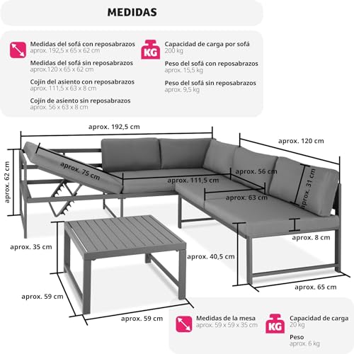 tectake® Conjunto Muebles Jardín Exterior Agrupables, 2 Sofás Reclinables con Cojines y 1 Mesa, Mesa y Sillas Terraza Impermeables y Resistentes a Intemperie, Estructura de Aluminio - Mesa con Láminas