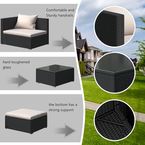 bigzzia - Juego de 5 Muebles de Patio, sofá seccional para Todo Tipo de Clima, Tejido Manual, Mimbre y ratán, Juego de conversación para Patio con cojín y Mesa de Vidrio