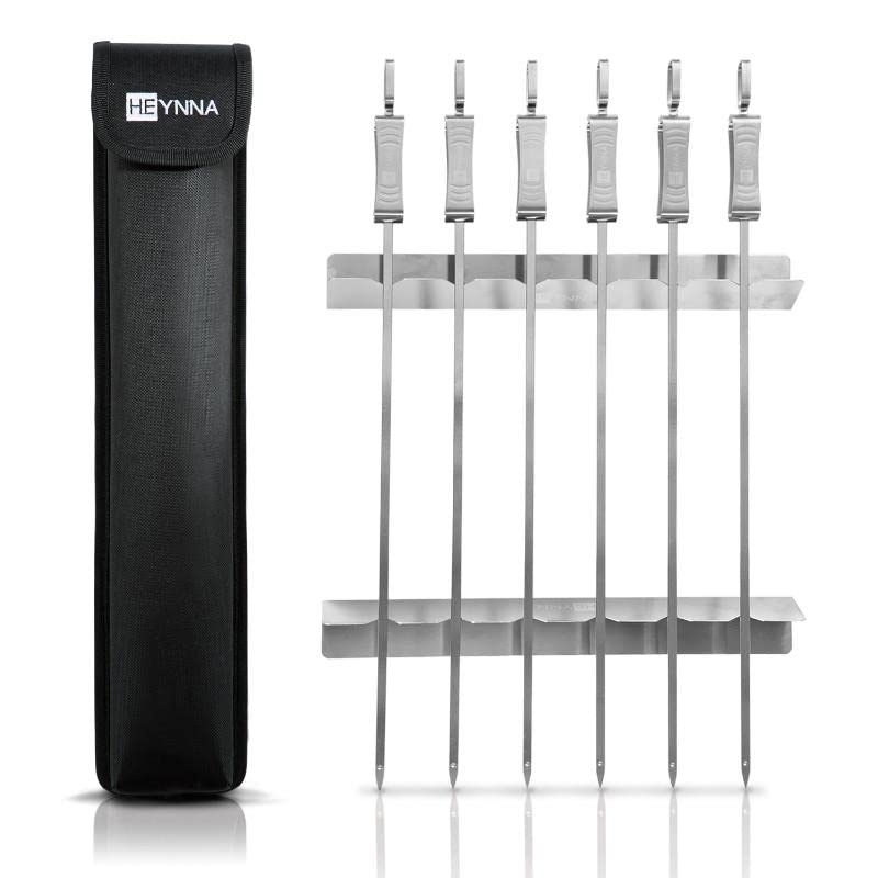 HEYNNA® Pinchos barbacoa acero inoxidable con soporte para barbacoa - Juego de 8 - Brochetas barbacoa con bolsa de almacenamiento - 45 cm