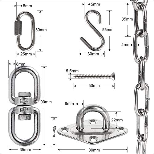 Chihee Kits de Silla de Hamaca Colgantes Conjunto de Piezas Ganchos giratorios de 200 KG con 1 Metro Cadena de Acero Inoxidable giratoria Perforacion de Hebilla Pilates Servicio Pesado