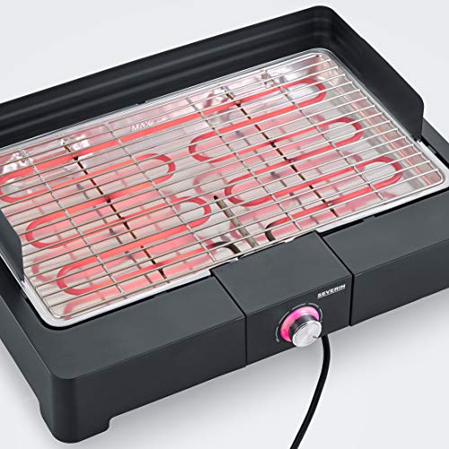Severin Barbacoa de mesa con parrilla de acero inoxidable para interior y exterior, parrilla eléctrica con arranque rápido, mini barbacoa sin riesgo de quemaduras, negro, PG 8565