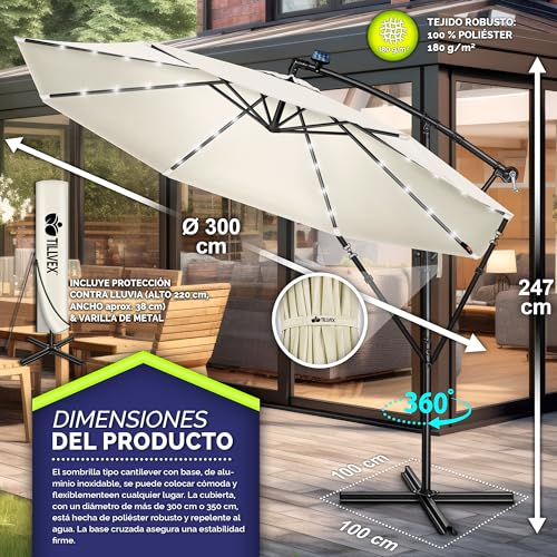 tillvex 300 cm Sombrilla Excentrico con 32 Luces LED Solar | Parasol para Terraza Jardín Balcón Patio | con Manivela y Base en Cruz, Giratorio 360º, Protección UV