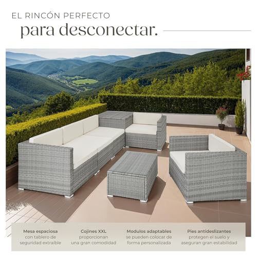 TecTake® Conjunto Jardín de Ratán, Muebles Jardín Exterior 5 Sillones, 1 Mesa Cristal, 1 Caja Almacenamiento, Conjunto Terraza Resistente a la Intemperie, con Cojines, Estructura en Acero - Gris Claro