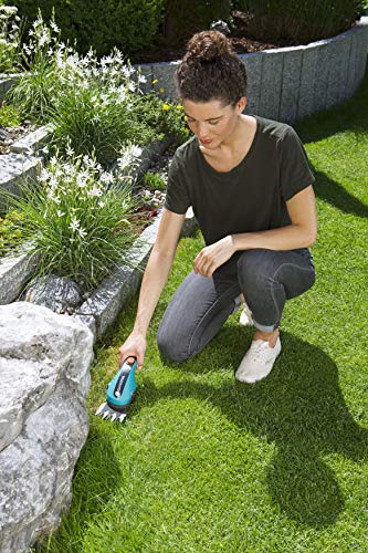 Gardena Set de tijeras cortacésped con batería: Set con mango telescópico, para cortar cómodamente los bordes del césped, Turquesa/Negro/Naranja, 36 x 13