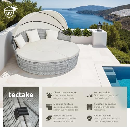 TecTake® Isla de Ratán con Cojines, Conjunto Jardín con Toldo Corredizo Plegable, Muebles Jardín Exterior con Estructura en Acero y Resistente a la Intemperie, Conjunto Terraza Combinable - Gris Claro