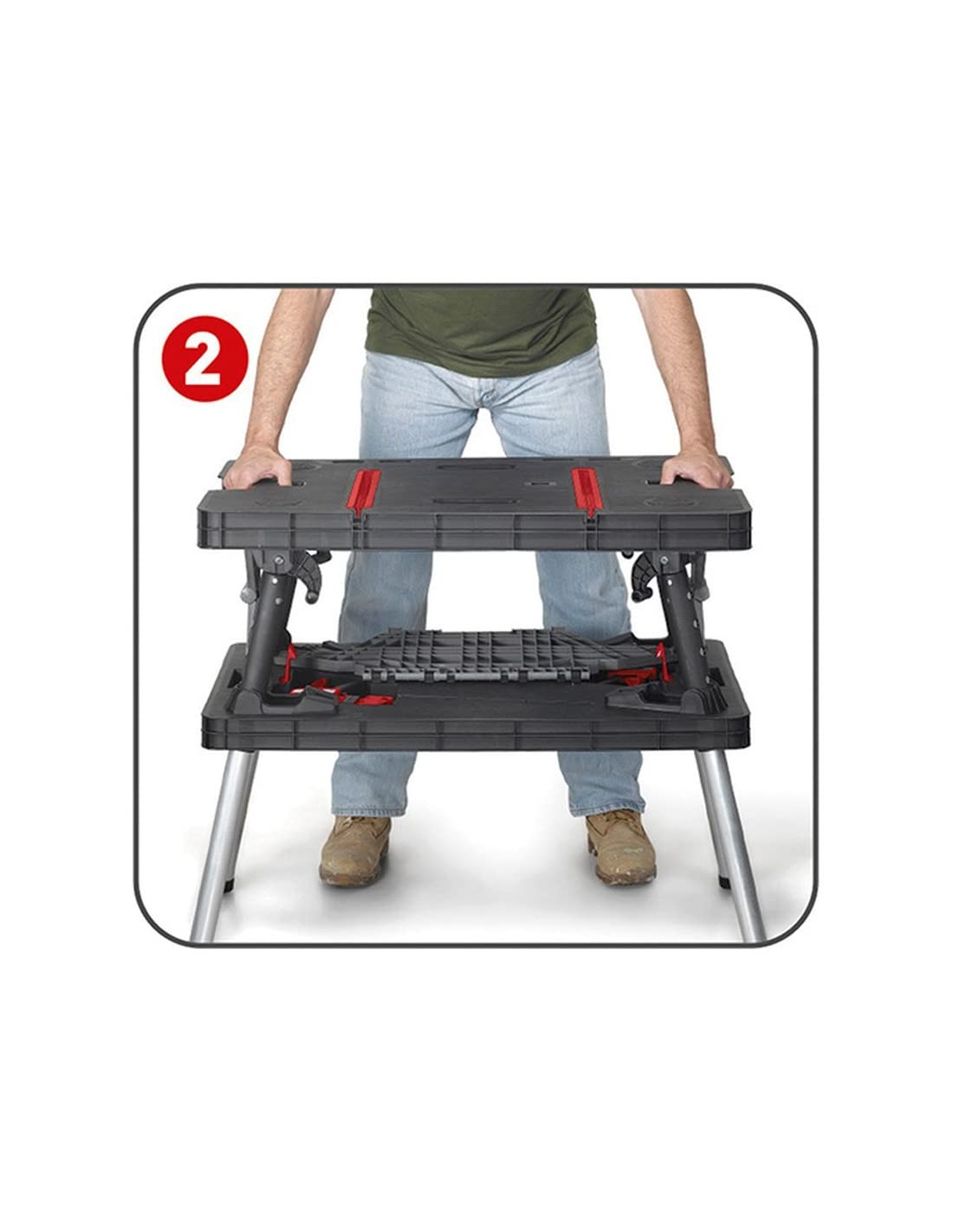 Keter- Mesa de herramientas plegable; 85 x 55,5 x 11,2 cm (cerrado) - 91 x 55,5 x 75,5 cm (abierto); Resistencia 450 Kg; Color negro