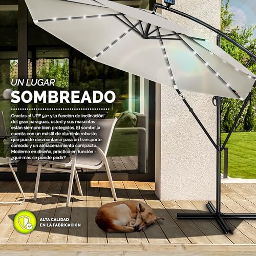 tillvex 300 cm Sombrilla Excentrico con 32 Luces LED Solar | Parasol para Terraza Jardín Balcón Patio | con Manivela y Base en Cruz, Giratorio 360º, Protección UV