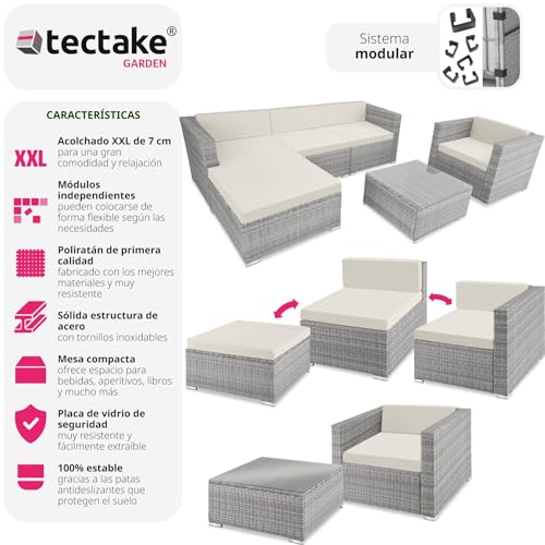 TecTake® Conjunto Jardín de Ratán, Muebles Jardín Exterior 4 Sillones, 1 Mesa Cristal, 1 Sillón Puf, Conjunto Terraza Resistente a la Intemperie, con Cojines, Modular, Estructura en Acero - Gris Claro
