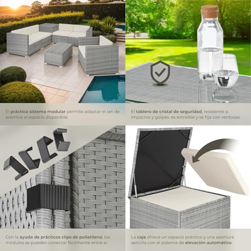 TecTake® Conjunto Jardín de Ratán, Muebles Jardín Exterior 5 Sillones, 1 Mesa Cristal, 1 Caja Almacenamiento, Conjunto Terraza Resistente a la Intemperie, con Cojines, Estructura en Acero - Gris Claro