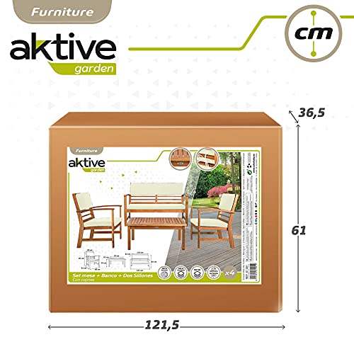 Aktive 61001 - Conjunto muebles de jardín, Conjunto muebles de madera, Muebles jardín, 1 mesa, 2 sillas, 1 banco, cojines color beige, Madera de acacia