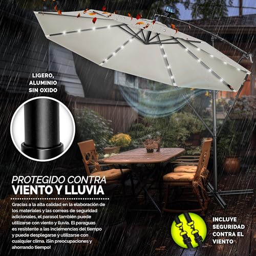 tillvex 300 cm Sombrilla Excentrico con 32 Luces LED Solar | Parasol para Terraza Jardín Balcón Patio | con Manivela y Base en Cruz, Giratorio 360º, Protección UV