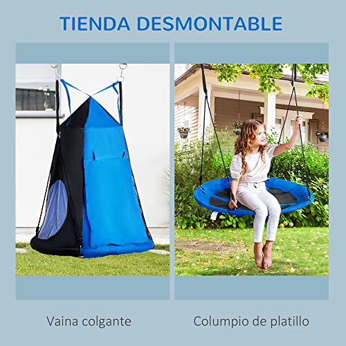 Outsunny Columpio con Tienda Infantil Columpio Nido con Puerta Enrollable y 2 Ventanas de Malla para Niños y Adultos Carga MAX. 200 kg Interior y Exterior Ø100x180 cm Negro y Azul