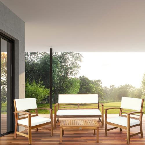 Aktive 61001 - Conjunto muebles de jardín, Conjunto muebles de madera, Muebles jardín, 1 mesa, 2 sillas, 1 banco, cojines color beige, Madera de acacia