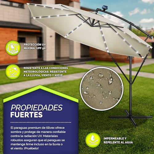 tillvex 300 cm Sombrilla Excentrico con 32 Luces LED Solar | Parasol para Terraza Jardín Balcón Patio | con Manivela y Base en Cruz, Giratorio 360º, Protección UV
