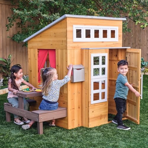 KidKraft Casita Infantil Moderna de Madera con Cocina de Juguete, Mesa y Banco para niños y niñas, casita de Juego para Exterior, jardín o Patio (00182)