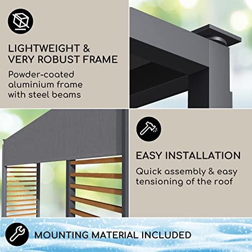 blumfeldt Carpa Jardin 3 x 3 m, Cenador para Jardin con Listones de Madera, Tamaño Grande y Resistente al Agua y Aire, Cenadores para Jardin 1,5W, Pergola de Diseño con Luces Solares LED, UV50+