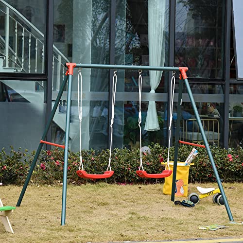 Outsunny Columpio Doble para Niños +3 Años con Soporte de Metal Juego de Columpio Infantil Cuerda Ajustable Exteriores Carga Máx. 40kg 239x156x180 cm Verde Rojo