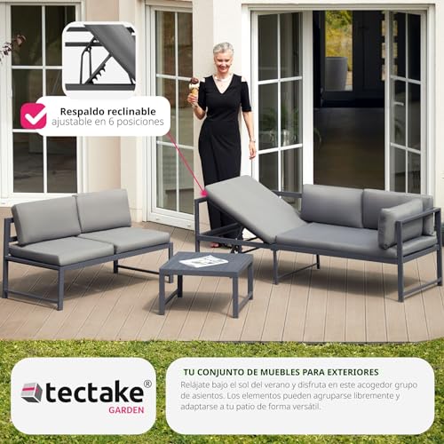 tectake® Conjunto Muebles Jardín Exterior Agrupables, 2 Sofás Reclinables con Cojines y 1 Mesa, Mesa y Sillas Terraza Impermeables y Resistentes a Intemperie, Estructura de Aluminio - Mesa con Láminas