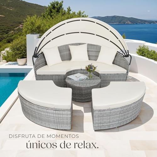 TecTake® Isla de Ratán con Cojines, Conjunto Jardín con Toldo Corredizo Plegable, Muebles Jardín Exterior con Estructura en Acero y Resistente a la Intemperie, Conjunto Terraza Combinable - Gris Claro